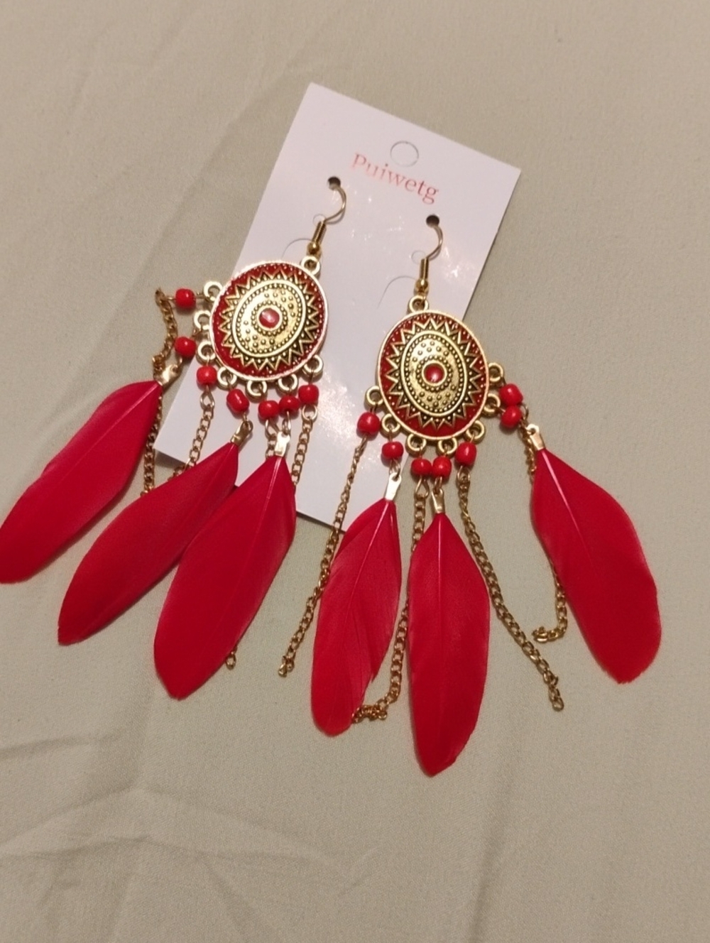 Red Feather Drop Earrings with Gold Medallions